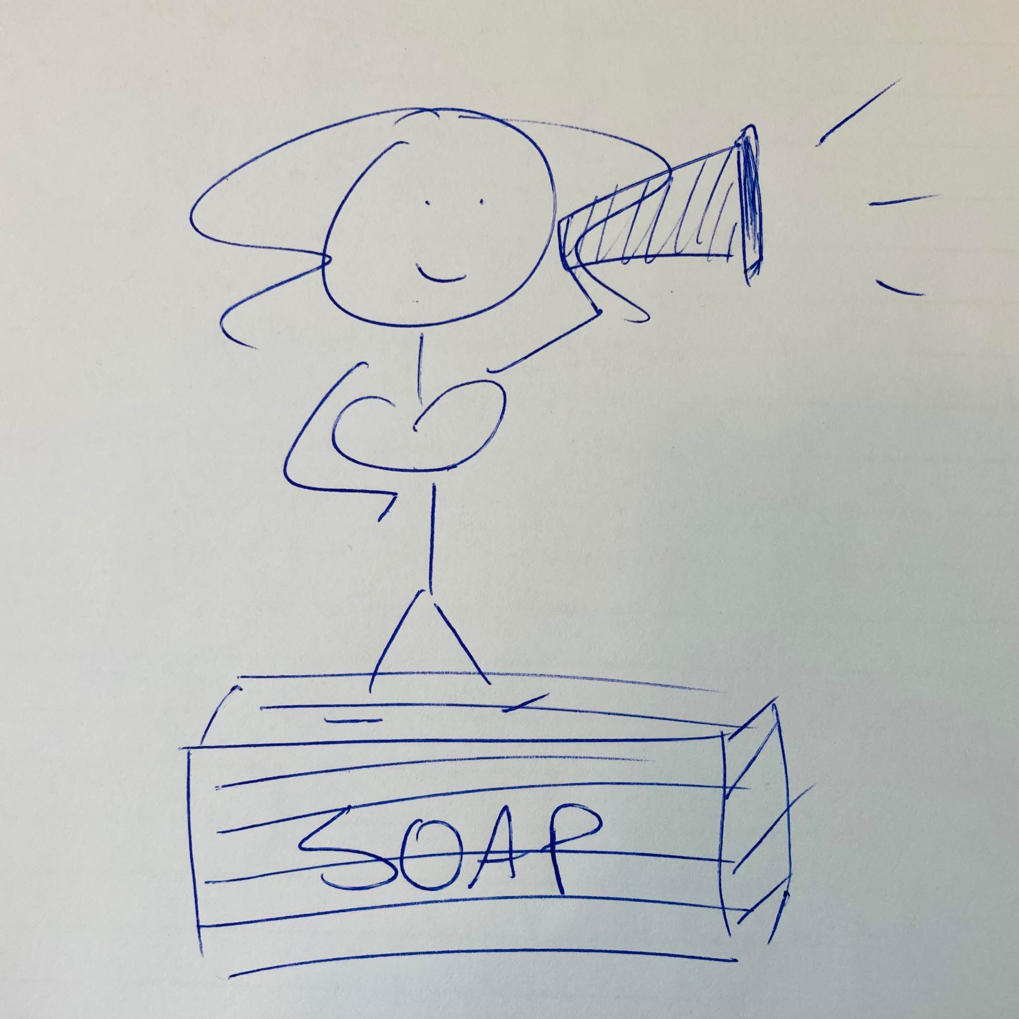 Stick-figure doodle of my alter ego Curly Girl. She is holding a megaphone and standing on a wooden box labeled SOAP.